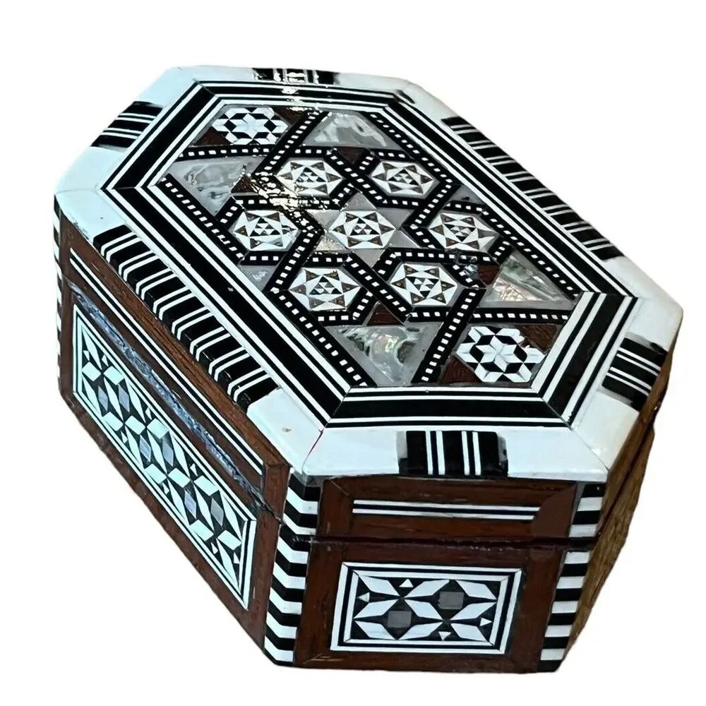 MOTHER OF PEARL MOSAIC JEWELRY Trinket BOX HANDMADE Inlaid EGYPT 4.5 X 3”